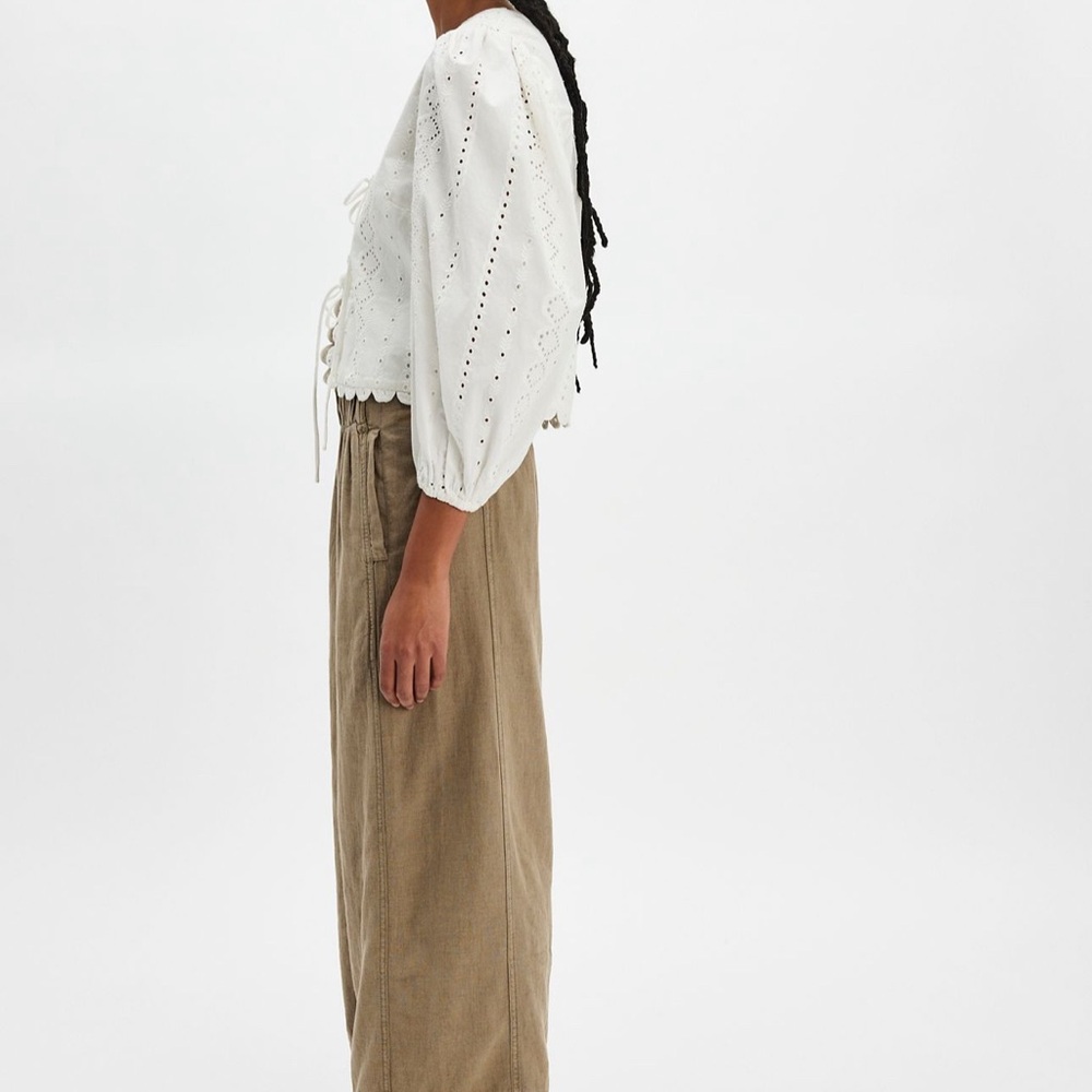 Free People Wide Leg Linen-Blend Pants in Olive/Tan - Picture 2 of 9